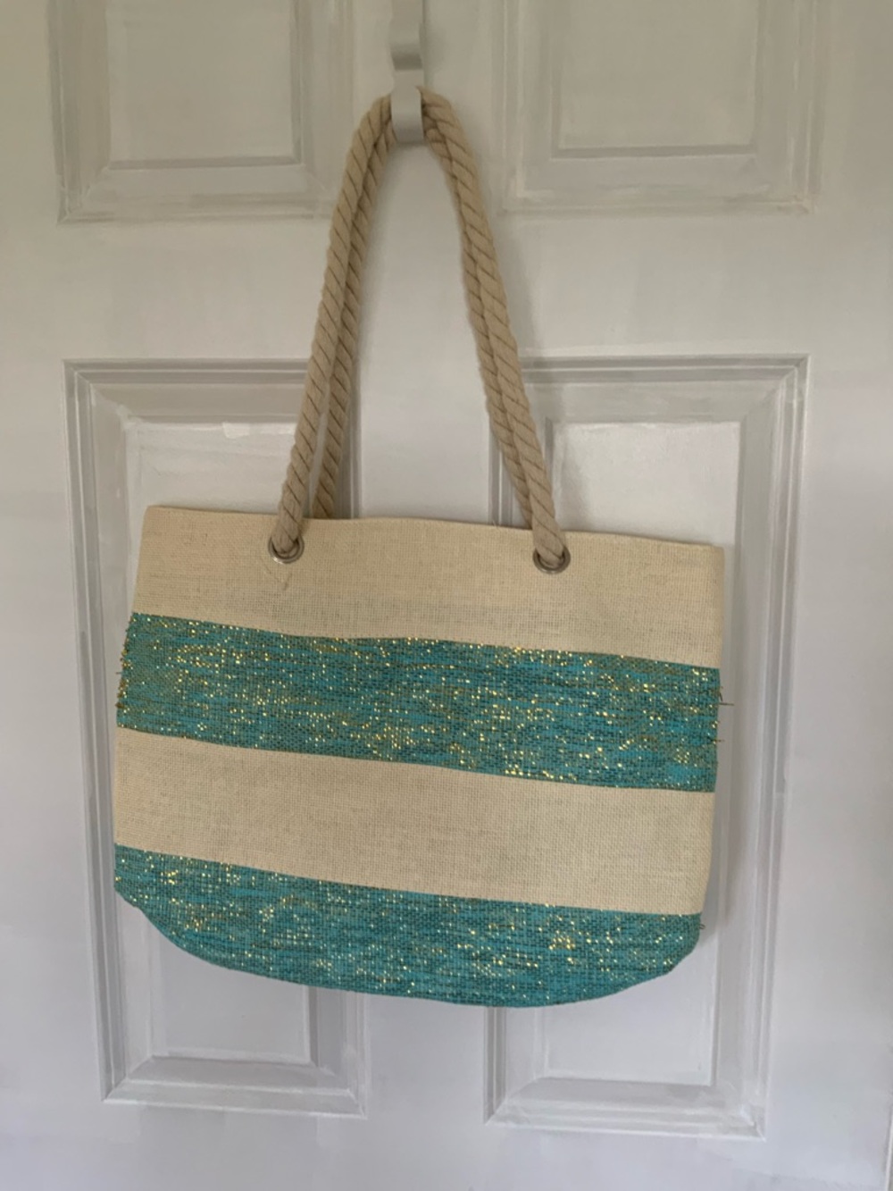 Cream and Teal Striped Beach Tote